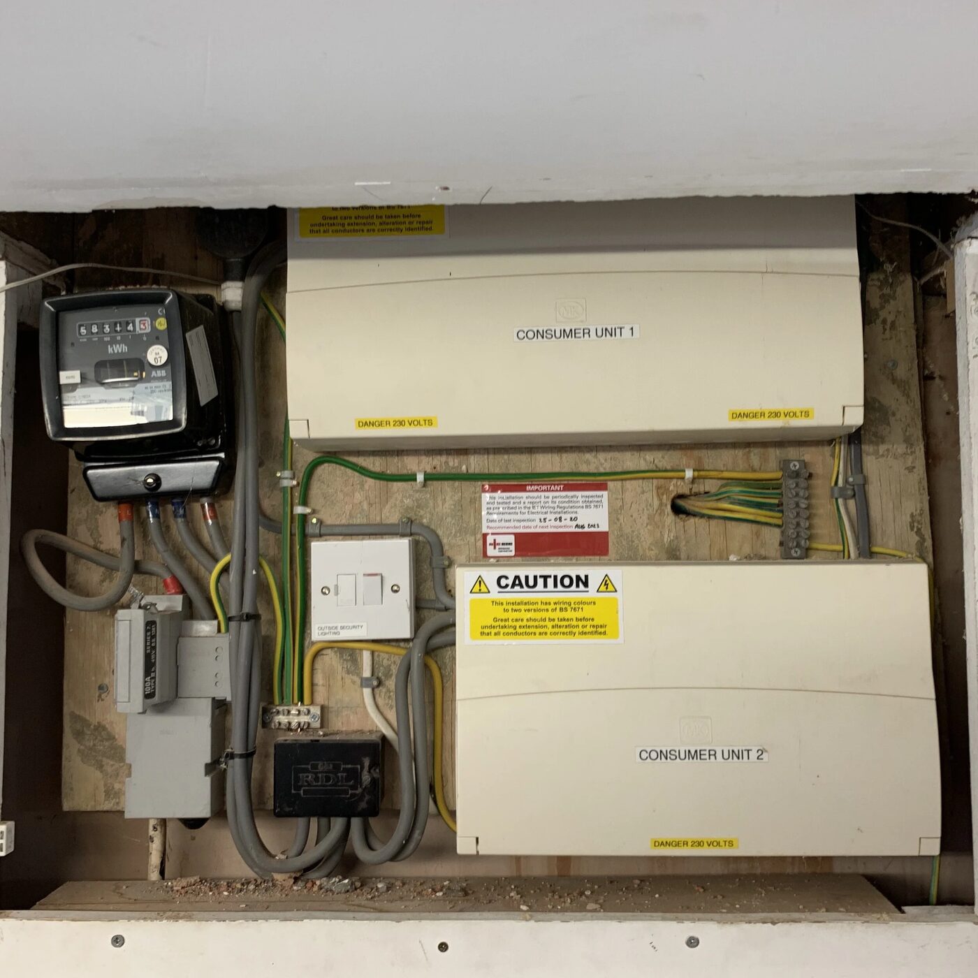 Old plastic consumer unit before upgrade